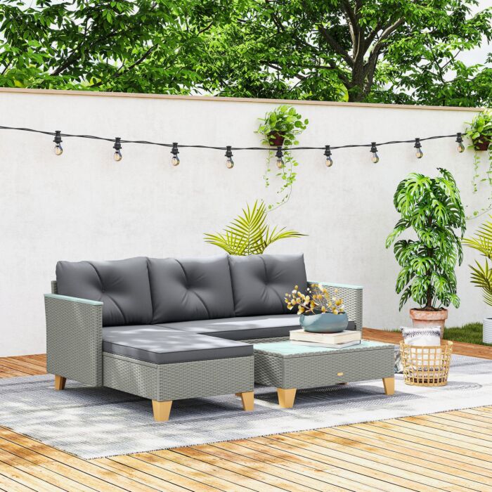 Outsunny 3 Pieces Rattan Garden Furniture Set, L Shaped Garden Conversation Chaise Lounge Furniture With Wood Top Coffee Table And Thick Cushions, Charcoal Grey