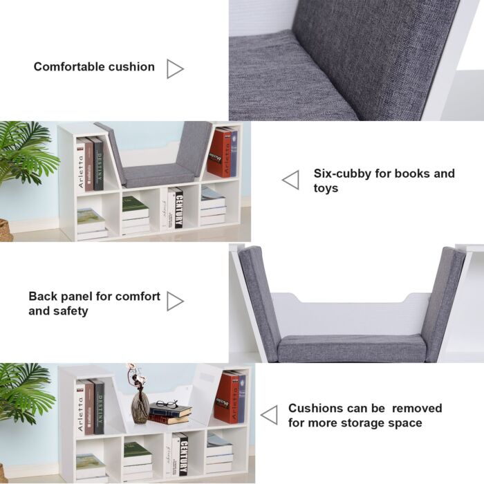 Homcom Bookcase Shelf Storage Seat With Cushion Sideboard Kids Children Reading Organizer White