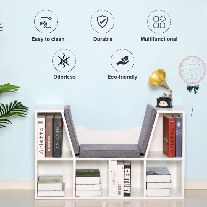 Homcom Bookcase Shelf Storage Seat With Cushion Sideboard Kids Children Reading Organizer White