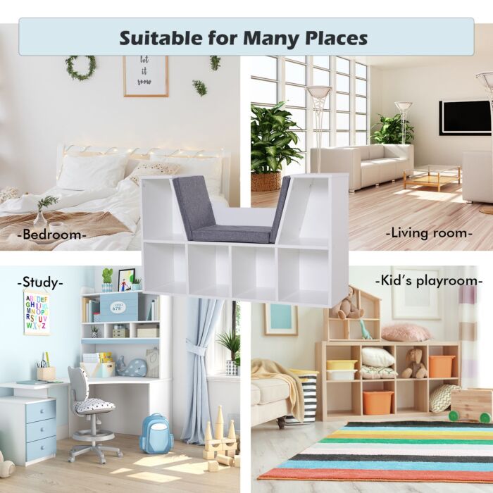 Homcom Bookcase Shelf Storage Seat With Cushion Sideboard Kids Children Reading Organizer White