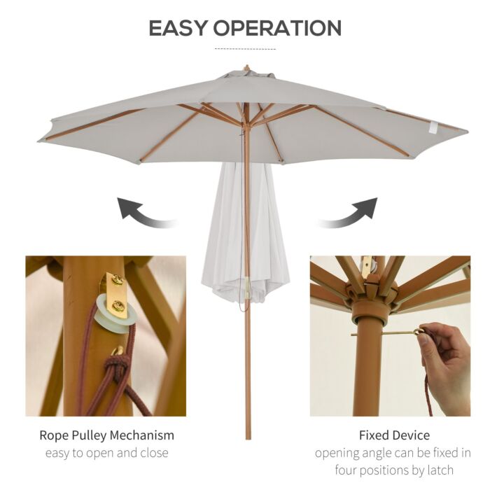 Outsunny 3m Fir Wooden Garden Parasol Bamboo Sun Shade Patio Outdoor Umbrella Canopy, Grey