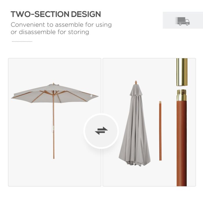 Outsunny 3m Fir Wooden Garden Parasol Bamboo Sun Shade Patio Outdoor Umbrella Canopy, Grey