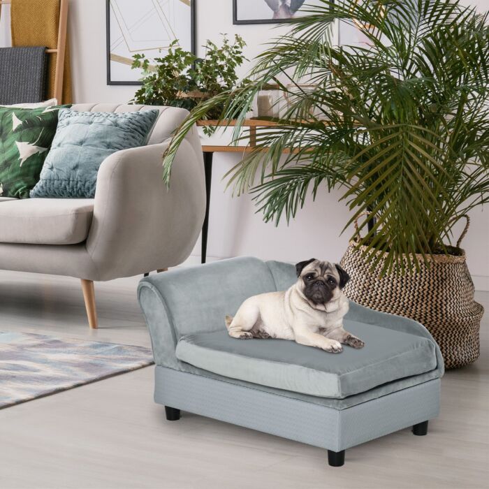 Pawhut Dog Sofa With Storage, Pet Chair For Small Dogs, Cat Couch With Soft Cushion, Light Blue, 76 X 45 X 41.5 Cm