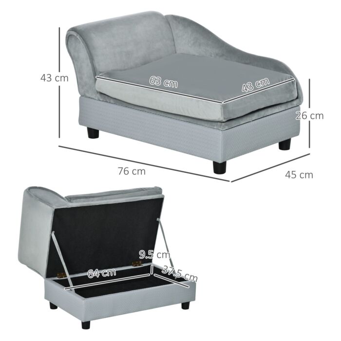 Pawhut Dog Sofa With Storage, Pet Chair For Small Dogs, Cat Couch With Soft Cushion, Light Blue, 76 X 45 X 41.5 Cm