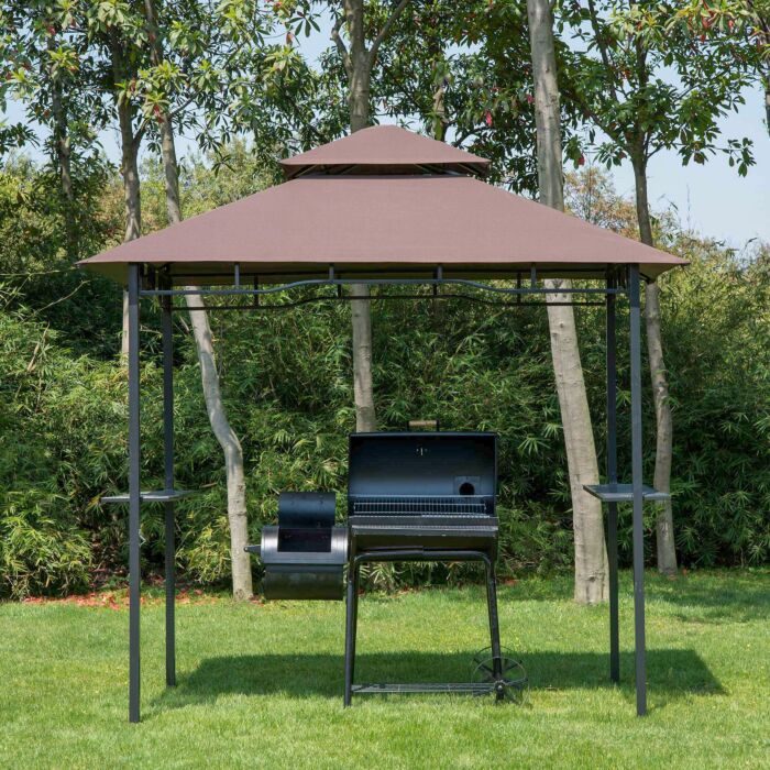 Outsunny 8 Ft Double-tier Bbq Gazebo Grill Canopy Barbecue Tent Shelter Patio Deck Cover - Coffee