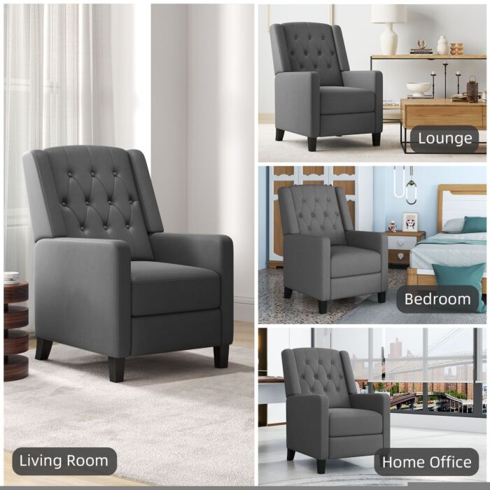 Homcom Wingback Recliner Chair For Home Theater, Button Tufted Microfibre Cloth Reclining Armchair With Leg Rest, Deep Grey
