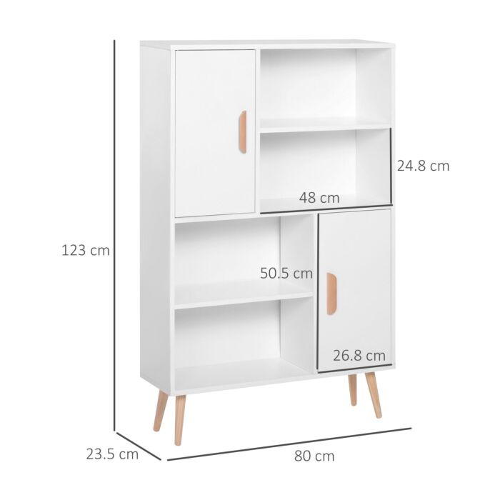 Homcom Sideboard Bookshelf Free Standing Bookcase Shelves Unit Display Storage Cabinet Wooden Leg W/ Two Doors White