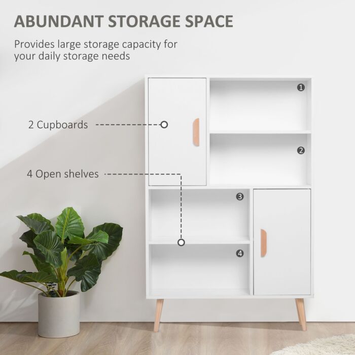 Homcom Sideboard Bookshelf Free Standing Bookcase Shelves Unit Display Storage Cabinet Wooden Leg W/ Two Doors White