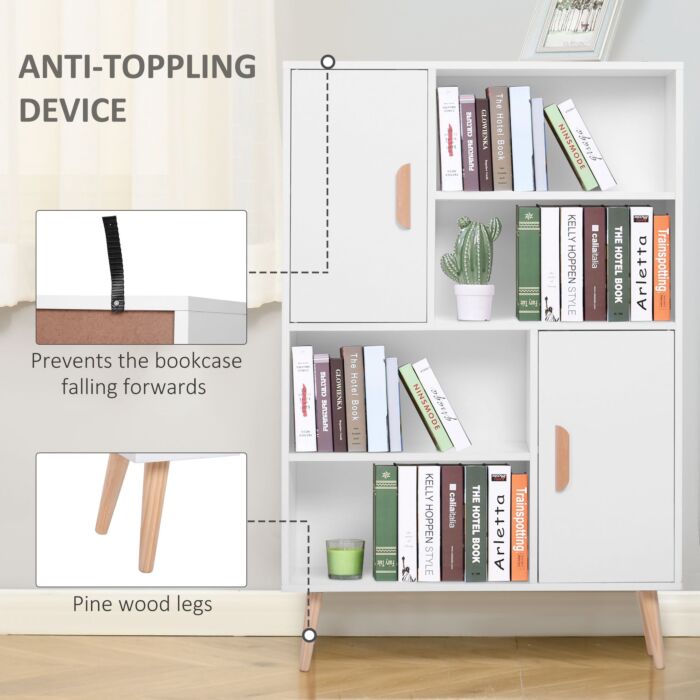 Homcom Sideboard Bookshelf Free Standing Bookcase Shelves Unit Display Storage Cabinet Wooden Leg W/ Two Doors White