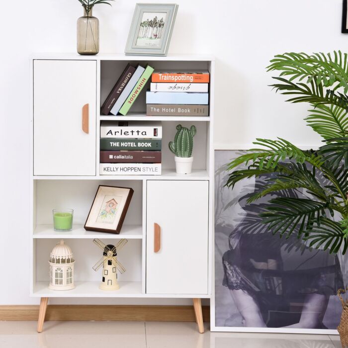 Homcom Sideboard Bookshelf Free Standing Bookcase Shelves Unit Display Storage Cabinet Wooden Leg W/ Two Doors White