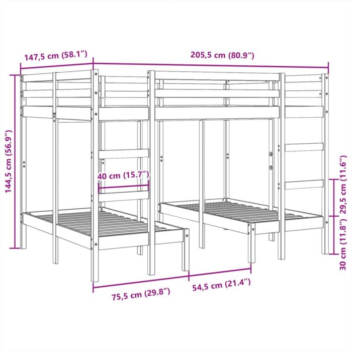 Vidaxl Triple Bunk Bed Frame 140x200/70x140 Cm Solid Wood Pine