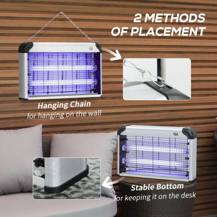 Outsunny Free Standing Wall Hanging 30w Electric Fly Mosquito Killer 60m2 Coverage Electric Fly Zapper, Bug Zapper, Insect Killer Silver