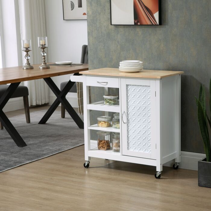 Homcom Kitchen Cart On Wheels With Embossed Door Panel, Utility Kitchen Island With Storage Drawer, White