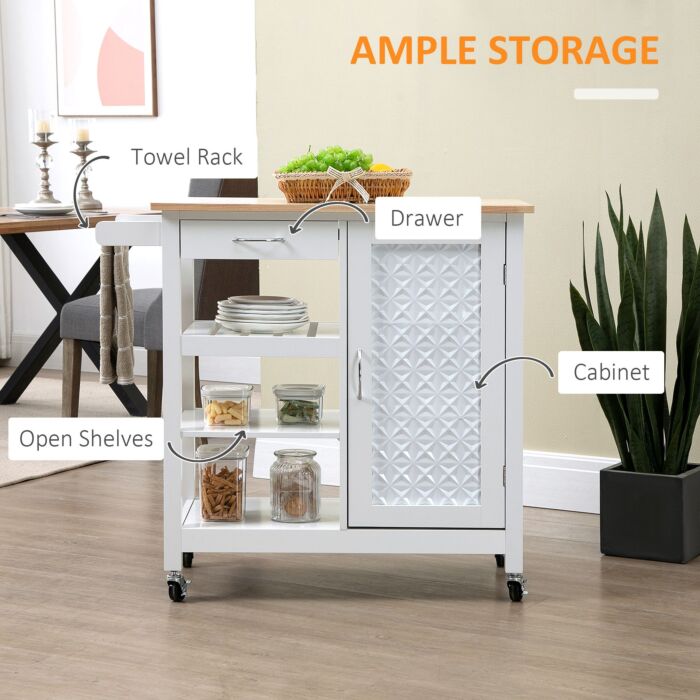 Homcom Kitchen Cart On Wheels With Embossed Door Panel, Utility Kitchen Island With Storage Drawer, White