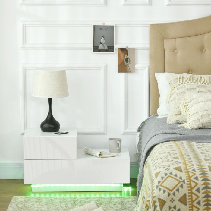 Homcom High Gloss Front Bedside Cabinets With Drawers, Nightstand With Rgb Led Light And Remote White