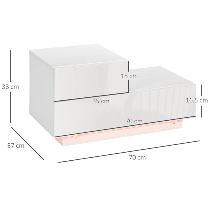 Homcom High Gloss Front Bedside Cabinets With Drawers, Nightstand With Rgb Led Light And Remote White