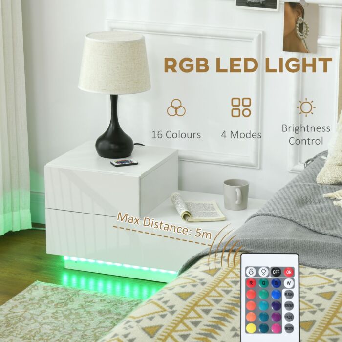 Homcom High Gloss Front Bedside Cabinets With Drawers, Nightstand With Rgb Led Light And Remote White