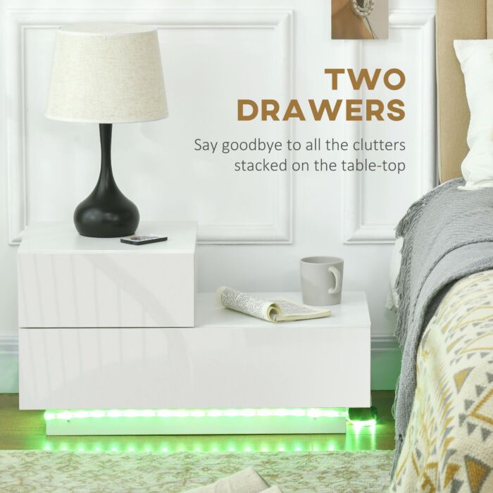 Homcom High Gloss Front Bedside Cabinets With Drawers, Nightstand With Rgb Led Light And Remote White