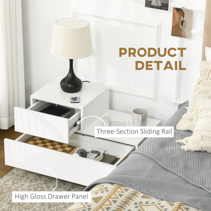 Homcom High Gloss Front Bedside Cabinets With Drawers, Nightstand With Rgb Led Light And Remote White