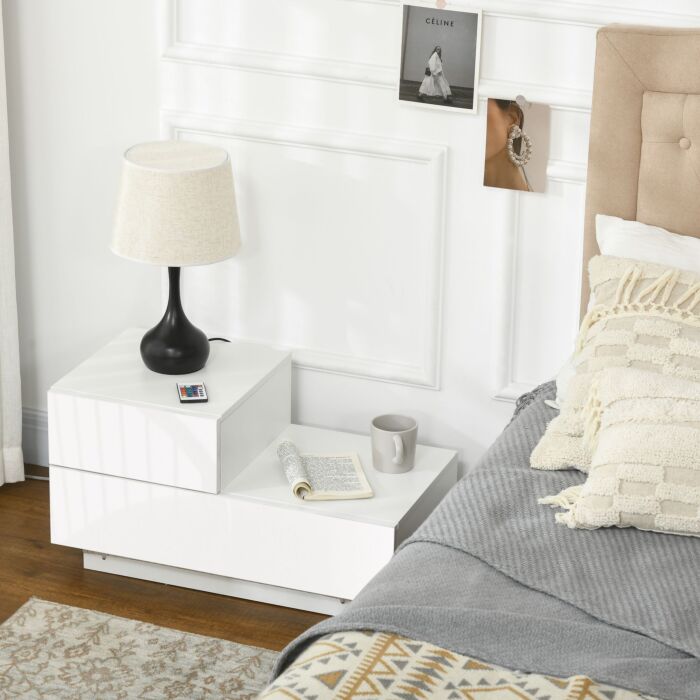 Homcom High Gloss Front Bedside Cabinets With Drawers, Nightstand With Rgb Led Light And Remote White