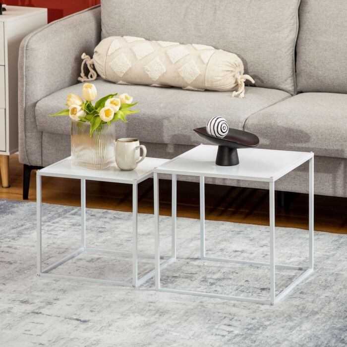 Homcom Square Nesting Coffee Table Set Of 2, Modern Nest Of Tables, Sofa Side Tables With Steel Frame For Living Room, Bedroom, Small Space, White