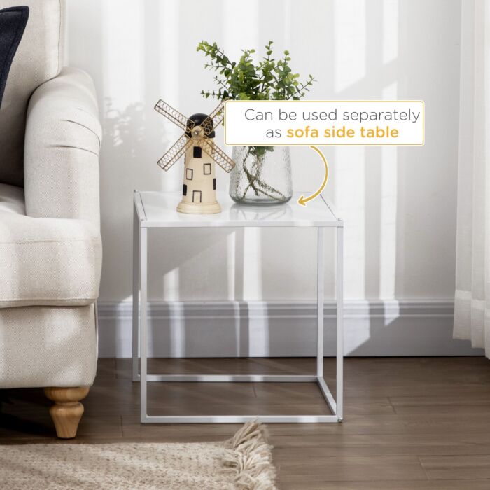 Homcom Square Nesting Coffee Table Set Of 2, Modern Nest Of Tables, Sofa Side Tables With Steel Frame For Living Room, Bedroom, Small Space, White