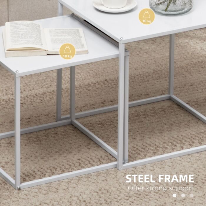 Homcom Square Nesting Coffee Table Set Of 2, Modern Nest Of Tables, Sofa Side Tables With Steel Frame For Living Room, Bedroom, Small Space, White