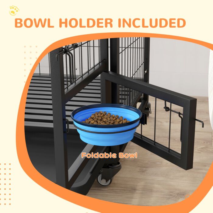 Pawhut Heavy Duty Dog Crate On Wheels W/ Bowl Holder, Removable Tray, Detachable Top, Double Doors For L, Xl Dogs