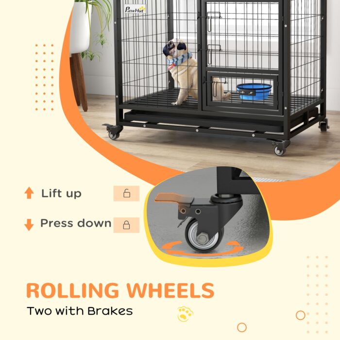 Pawhut Heavy Duty Dog Crate On Wheels W/ Bowl Holder, Removable Tray, Detachable Top, Double Doors For L, Xl Dogs
