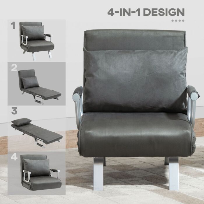 Homcom 2-in-1 Design Single Sofa Bed Sleeper, Foldable Armchair Bed Lounge Couch W/ Pillow, Dark Grey