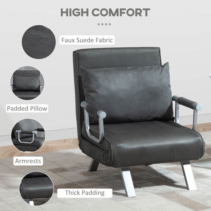 Homcom 2-in-1 Design Single Sofa Bed Sleeper, Foldable Armchair Bed Lounge Couch W/ Pillow, Dark Grey