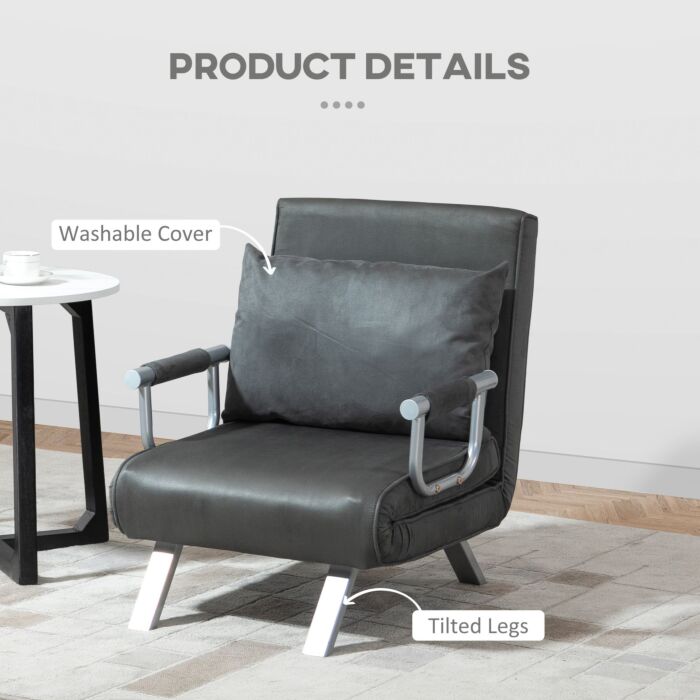 Homcom 2-in-1 Design Single Sofa Bed Sleeper, Foldable Armchair Bed Lounge Couch W/ Pillow, Dark Grey