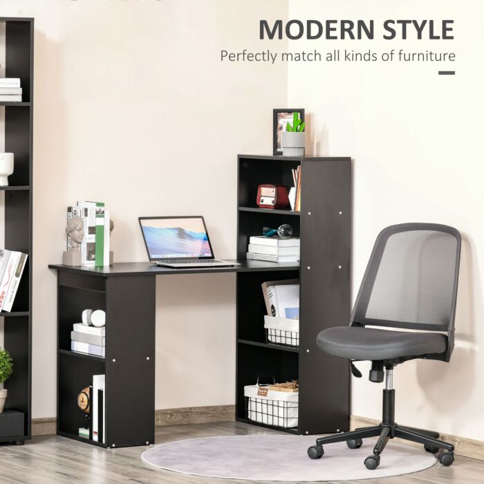Homcom 120cm Modern Computer Desk Bookshelf Writing Table Workstation Pc Laptop Study Home Office 6 Shelves Black