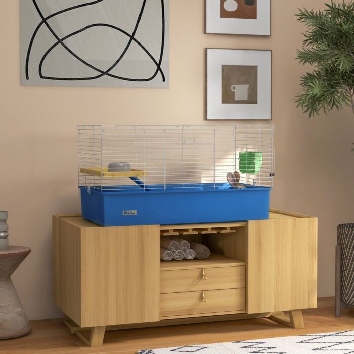 Pawhut Chinchillas Small Rabbit Guinea Pig Small Animal Cage, Pet Playhouse, With Platform, Ramp, 99 X 52 X 53cm, Blue