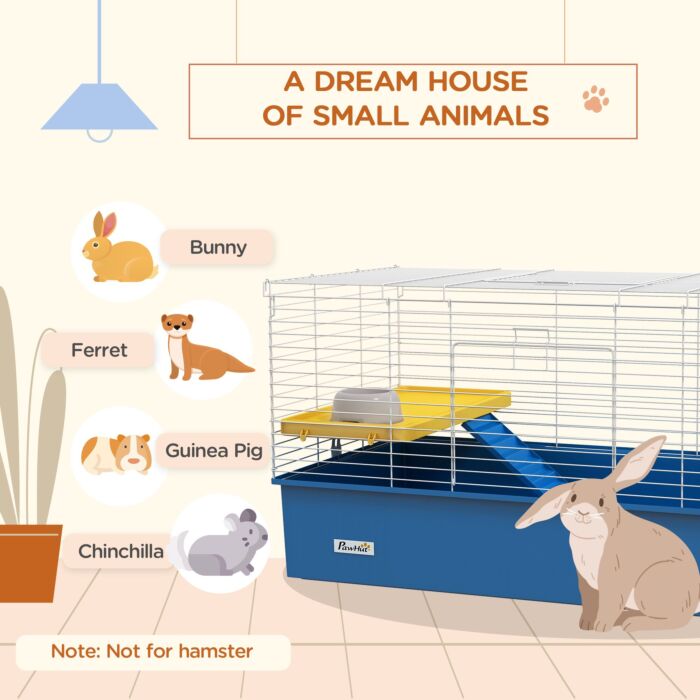 Pawhut Chinchillas Small Rabbit Guinea Pig Small Animal Cage, Pet Playhouse, With Platform, Ramp, 99 X 52 X 53cm, Blue