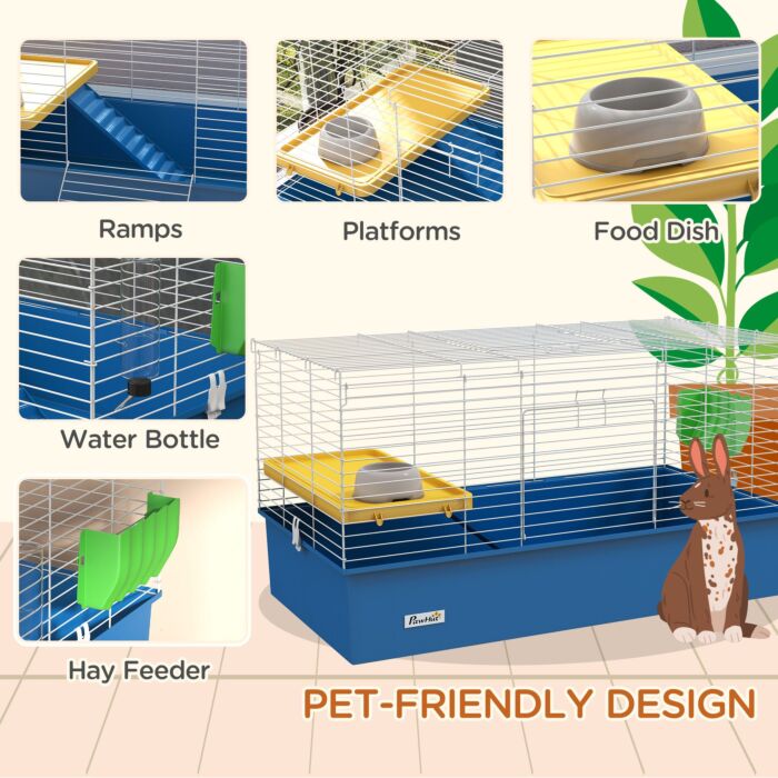 Pawhut Chinchillas Small Rabbit Guinea Pig Small Animal Cage, Pet Playhouse, With Platform, Ramp, 99 X 52 X 53cm, Blue