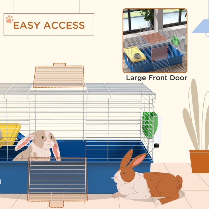 Pawhut Chinchillas Small Rabbit Guinea Pig Small Animal Cage, Pet Playhouse, With Platform, Ramp, 99 X 52 X 53cm, Blue