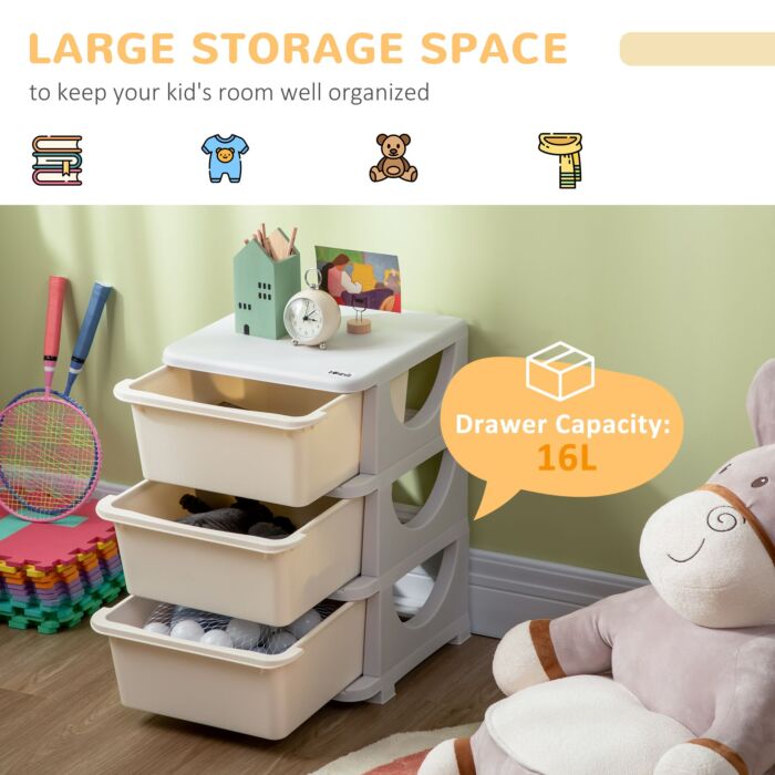 Zonekiz Kids Storage Units With Drawers 3 Tier Chest Vertical Dresser Tower Toy Organiser For Nursery Playroom Kindergarten White