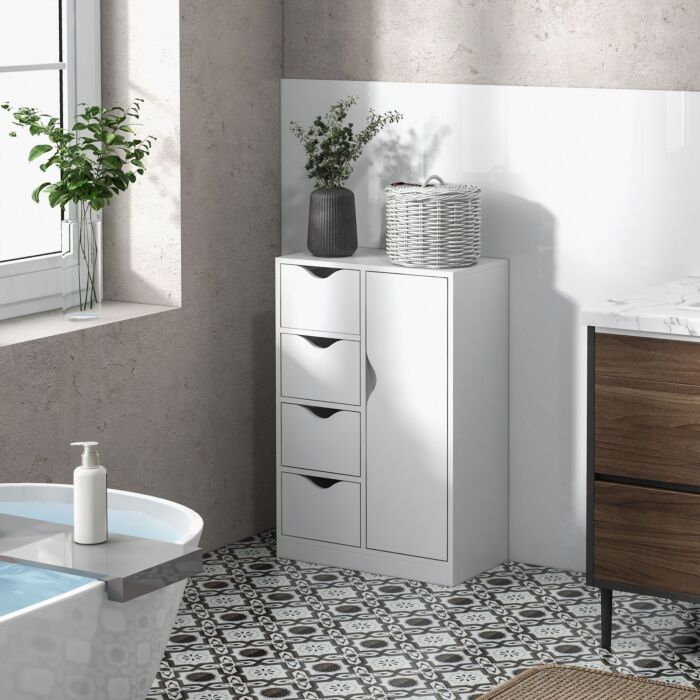 Homcom Bathroom Cabinet, Freestanding Storage Cabinet With 4 Drawers, Door Cupboard For Living Room, Kitchen, White