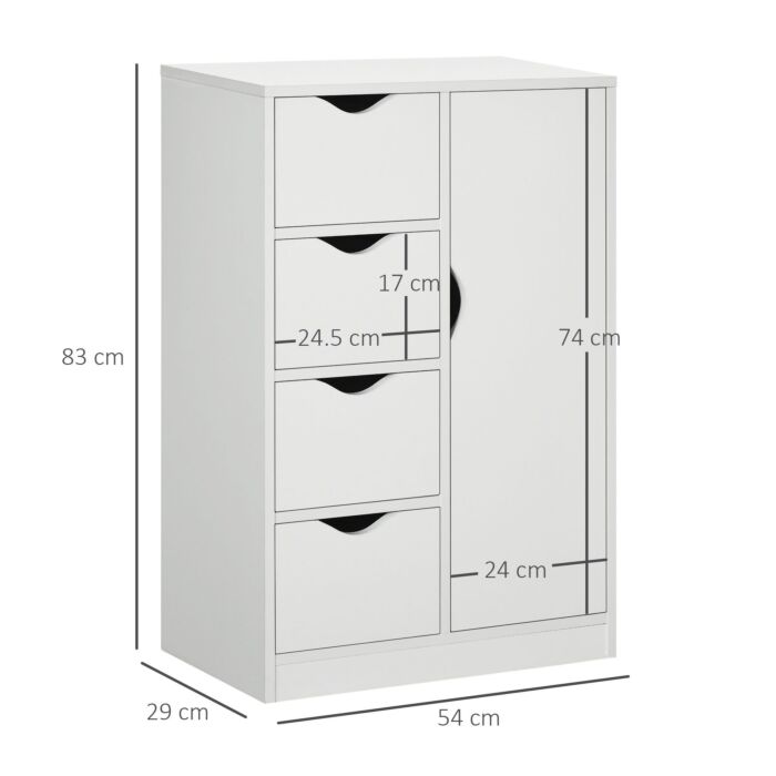 Homcom Bathroom Cabinet, Freestanding Storage Cabinet With 4 Drawers, Door Cupboard For Living Room, Kitchen, White