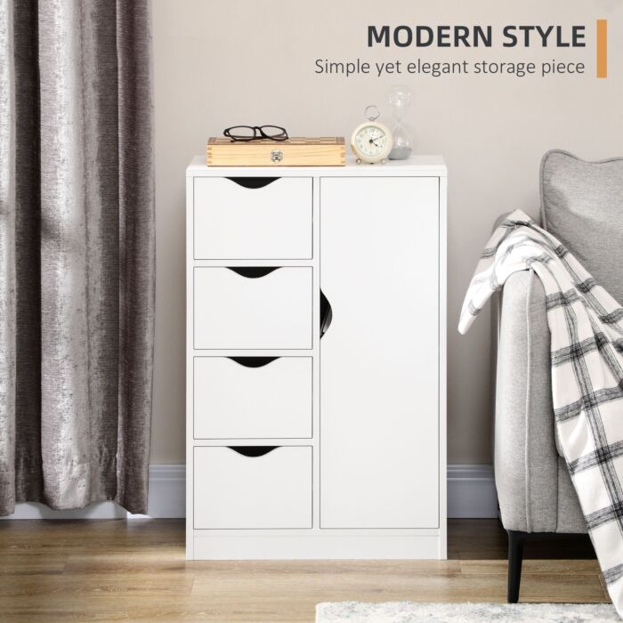 Homcom Bathroom Cabinet, Freestanding Storage Cabinet With 4 Drawers, Door Cupboard For Living Room, Kitchen, White