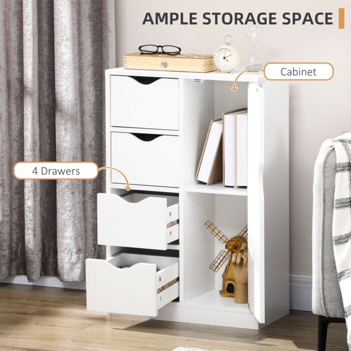 Homcom Bathroom Cabinet, Freestanding Storage Cabinet With 4 Drawers, Door Cupboard For Living Room, Kitchen, White