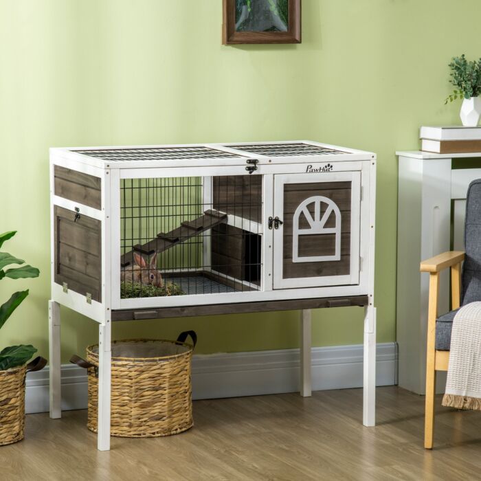 Pawhut Wooden Rabbit Hutch With Openable Roof, Elevated Guinea Pig Cage With Ladder, Small Animal House W/ Slide-out Tray 90 X 53 X 87cm Coffee Brown