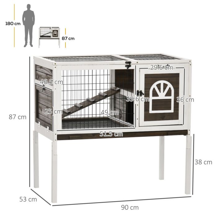Pawhut Wooden Rabbit Hutch With Openable Roof, Elevated Guinea Pig Cage With Ladder, Small Animal House W/ Slide-out Tray 90 X 53 X 87cm Coffee Brown