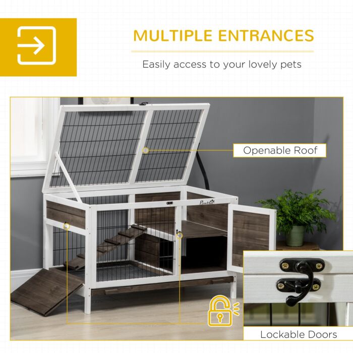 Pawhut Wooden Rabbit Hutch With Openable Roof, Elevated Guinea Pig Cage With Ladder, Small Animal House W/ Slide-out Tray 90 X 53 X 87cm Coffee Brown