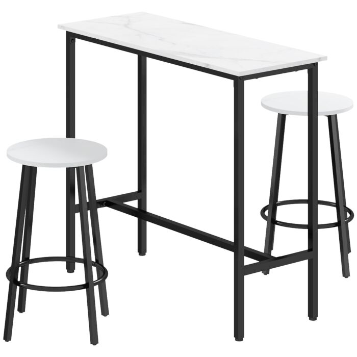Homcom 3 Piece Bar Table And Stool Set For 2 With Stools Steel Frame Footrest For Kitchen Living Room Small Space White