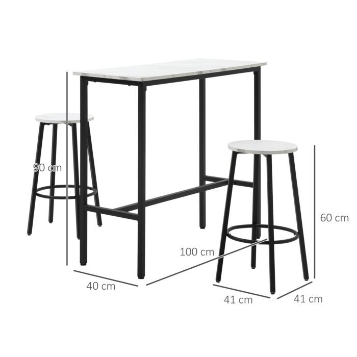 Homcom 3 Piece Bar Table And Stool Set For 2 With Stools Steel Frame Footrest For Kitchen Living Room Small Space White