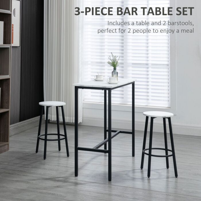 Homcom 3 Piece Bar Table And Stool Set For 2 With Stools Steel Frame Footrest For Kitchen Living Room Small Space White