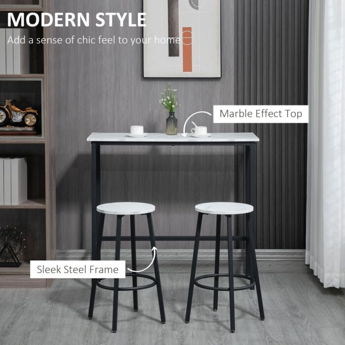 Homcom 3 Piece Bar Table And Stool Set For 2 With Stools Steel Frame Footrest For Kitchen Living Room Small Space White