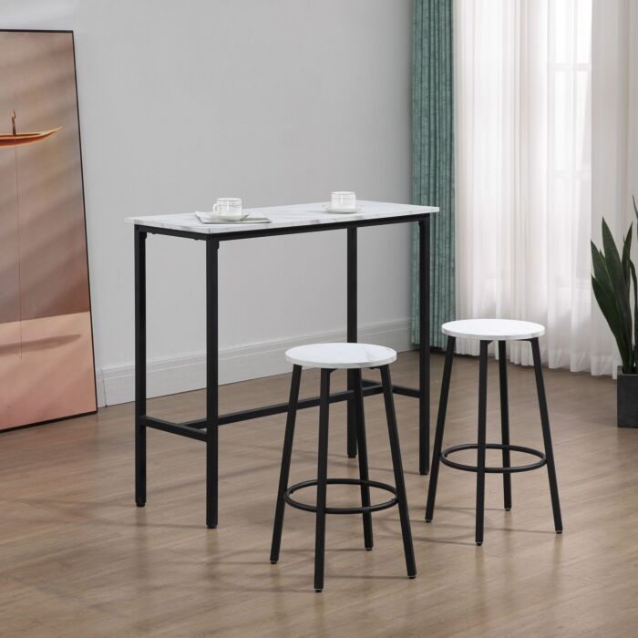 Homcom 3 Piece Bar Table And Stool Set For 2 With Stools Steel Frame Footrest For Kitchen Living Room Small Space White